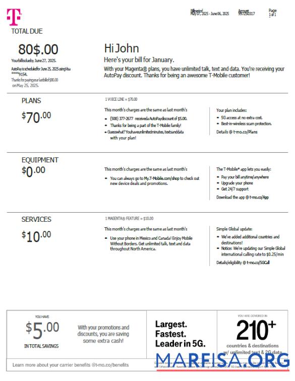 Realistic USA T mobile utility bill template in Word and PDF formats, version 3